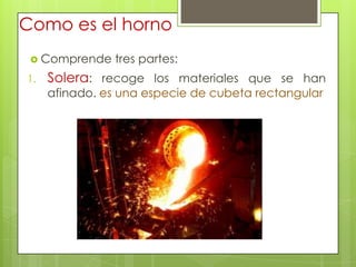 Como es el horno
 Comprende tres partes:
1. Solera: recoge los materiales que se han
afinado. es una especie de cubeta rectangular
 