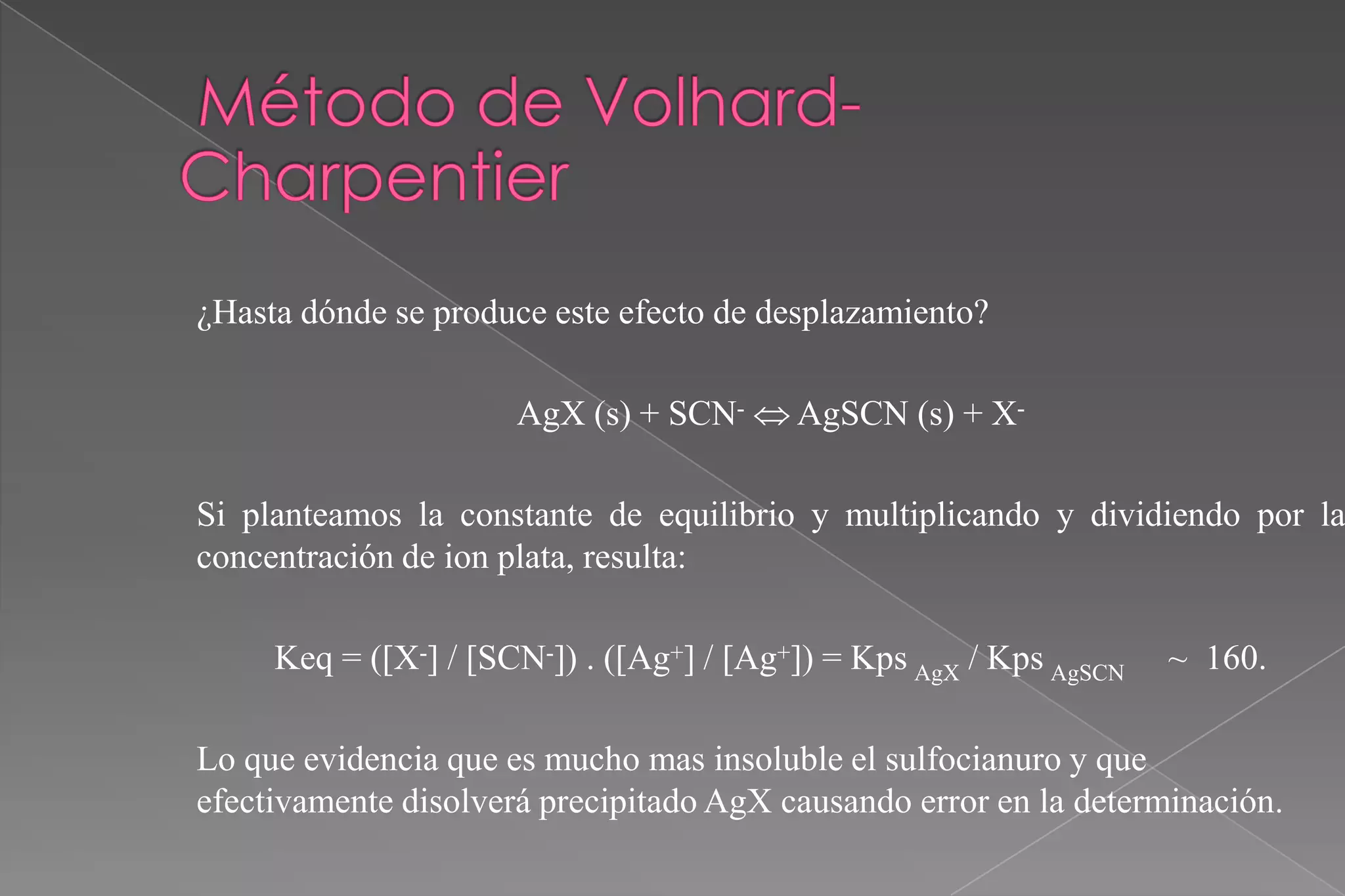¿Hasta dónde se produce este efecto de desplazamiento?
AgX (s) + SCN-  AgSCN (s) + X-

Si planteamos la constante de equilibrio y multiplicando y dividiendo por la
concentración de ion plata, resulta:
Keq = ([X-] / [SCN-]) . ([Ag+] / [Ag+]) = Kps AgX / Kps AgSCN

~ 160.

Lo que evidencia que es mucho mas insoluble el sulfocianuro y que
efectivamente disolverá precipitado AgX causando error en la determinación.

 