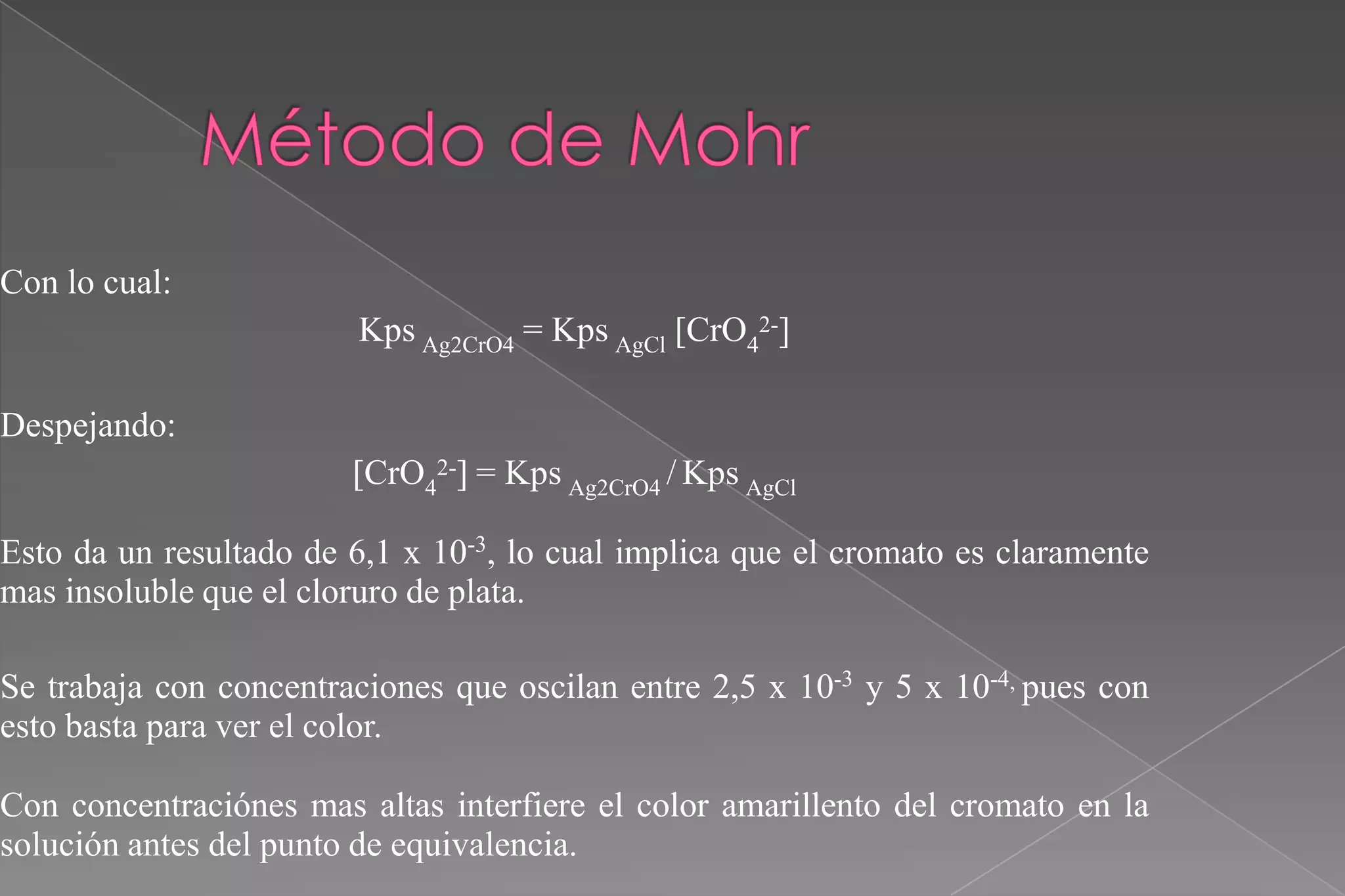 Con lo cual:
Kps Ag2CrO4 = Kps AgCl [CrO42-]
Despejando:
[CrO42-] = Kps Ag2CrO4 / Kps AgCl

Esto da un resultado de 6,1 x 10-3, lo cual implica que el cromato es claramente
mas insoluble que el cloruro de plata.
Se trabaja con concentraciones que oscilan entre 2,5 x 10-3 y 5 x 10-4, pues con
esto basta para ver el color.
Con concentraciónes mas altas interfiere el color amarillento del cromato en la
solución antes del punto de equivalencia.

 