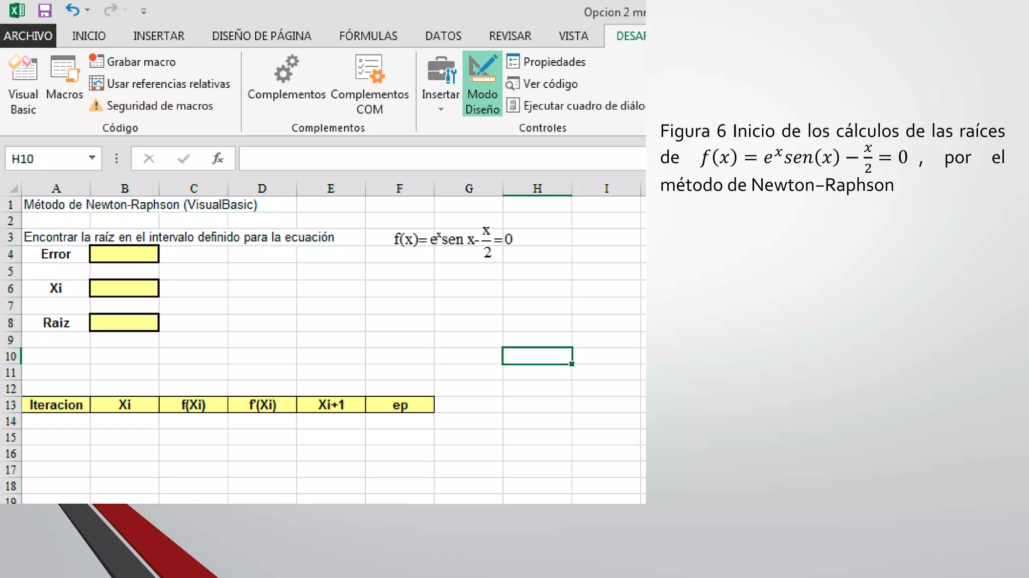 Figura 6 Inicio de los cálculos de las raíces
de 𝑓 𝑥 = 𝑒 𝑥 𝑠𝑒𝑛 𝑥 −
𝑥
2
= 0 , por el
método de Newton−Raphson
 