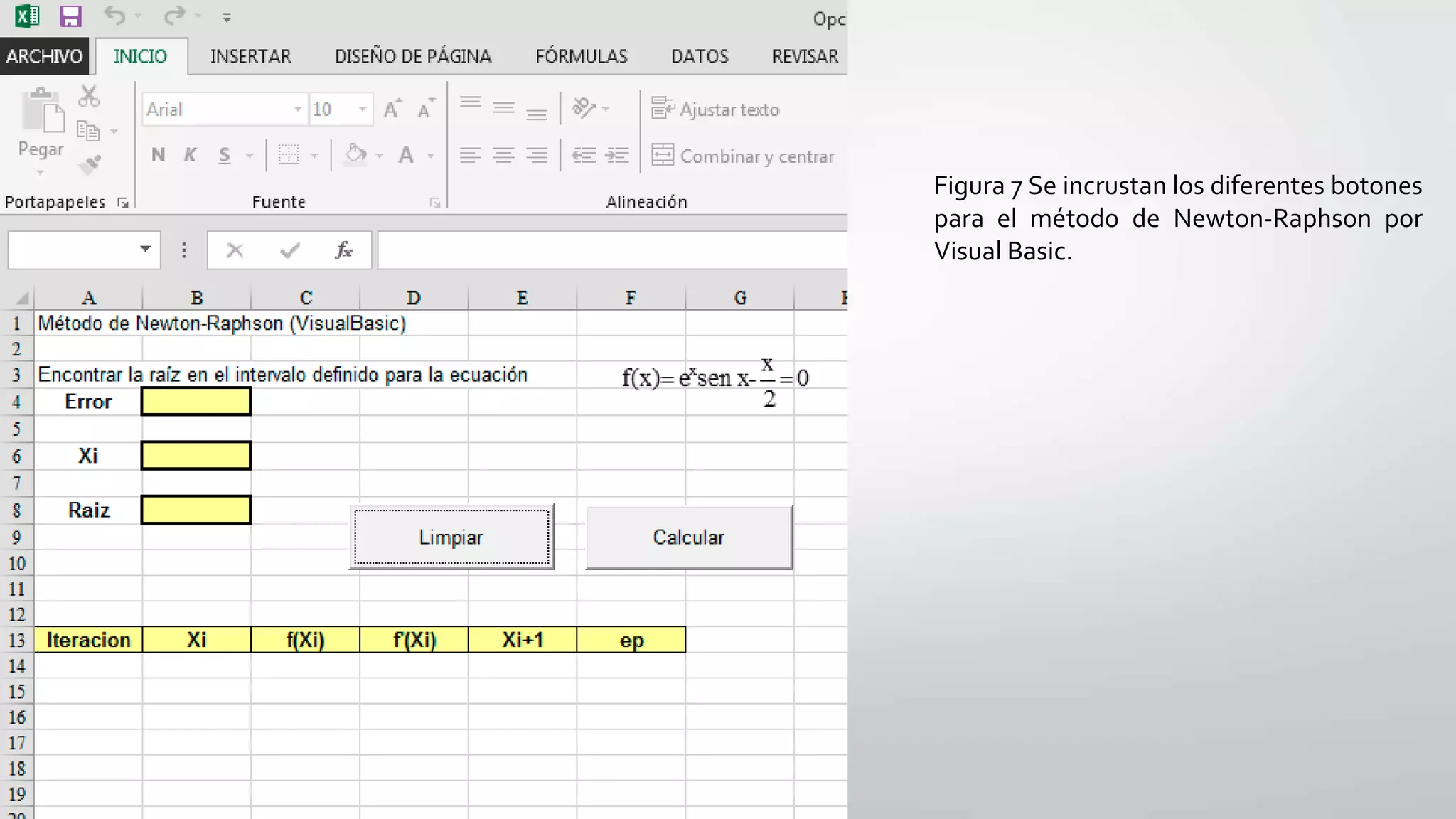 Figura 7 Se incrustan los diferentes botones
para el método de Newton-Raphson por
Visual Basic.
 