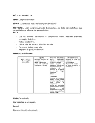 MÉTODO DE PROYECTO
TEMA: Comprensión lectora
TITULO: “Aprendiendo mediante la comprensión lectora”
PROPÓSITOS: Lean comprensivamente diversos tipos de texto para satisfacer sus
necesidades de información y conocimiento
META:
- Que los alumnos desarrollen la comprensión lectora mediante diferentes
estrategias didácticas.
- Trabajo colaborativo.
- Leer un libro por día de la biblioteca del aula.
- Fomentarla lectura en voz alta.
- Adquieran el gusto por la lectura.
APRENDIZAJES ESPERADOS:
Español Ciencias Naturales Educación Física
Aprendizajes
esperados
Corrige la ortografía de
sus textos.
Utiliza mayúsculas y
puntos en la escritura de
una oración o párrafo.
Aplica habilidades,
actitudes y valores de la
formación científica
básica durante la
planeación, el desarrollo,
la comunicación y la
evaluación de un
proyecto de su interés
en el que integra
contenidos
del curso.
Contenido:
Acciones para promover
la salud. ¿Cuáles son los
alimentos o platillos que
debe vender la
cooperativa
escolar para atender los
gustos de los alumnos y
promover una
alimentación que incluya
los tres grupos del Plato
del Bien Comer?
Identifica la forma de
expresarse
corporalmente
diferenciando estados
de ánimo, emociones y
sentimientos.
GRADO: Tercer Grado
MATERIAS QUE SE FAVORECEN:
Español
Educación Física, Cienciasnaturales
 