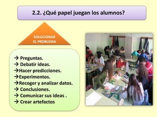 2.2. ¿Qué papel juegan los alumnos?
 Preguntas.
 Debatir ideas.
Hacer predicciones.
Experimentos.
Recoger y analizar datos.
 Conclusiones.
 Comunicar sus ideas .
 Crear artefactos
SOLUCIONAR
EL PROBLEMA
 