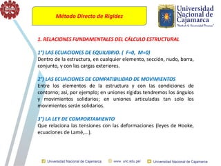 Método Directo de Rigidez
1. RELACIONES FUNDAMENTALES DEL CÁLCULO ESTRUCTURAL
1°) LAS ECUACIONES DE EQUILIBRIO. ( F=0, M=0)
Dentro de la estructura, en cualquier elemento, sección, nudo, barra,
conjunto, y con las cargas exteriores.
2°) LAS ECUACIONES DE COMPATIBILIDAD DE MOVIMIENTOS
Entre los elementos de la estructura y con las condiciones de
contorno; así, por ejemplo; en uniones rígidas tendremos los ángulos
y movimientos solidarios; en uniones articuladas tan solo los
movimientos serán solidarios.
3°) LA LEY DE COMPORTAMIENTO
Que relaciona las tensiones con las deformaciones (leyes de Hooke,
ecuaciones de Lamé,...).
 