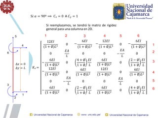 𝐾𝑒 =
12𝐸𝐼
(1 + ∅)𝐿3
0
3 4
6𝐸𝐼 12𝐸𝐼
− −
(1 + ∅)𝐿2 (1 + ∅)𝐿3
0
0
6𝐸𝐼
𝐸𝐴
𝐿
𝐸𝐴
−
𝐿
0
2 − ∅ 𝐸𝐼
1 + ∅ 𝐿
6𝐸𝐼
−
(1 + ∅)𝐿2
0
0
4 + ∅ 𝐸𝐼
1 + ∅ 𝐿
6𝐸𝐼
0
6𝐸𝐼
(1 + ∅)𝐿2
12𝐸𝐼
0
12𝐸𝐼
−
(1 + ∅)𝐿3
0
(1 + ∅)𝐿2 (1 + ∅)𝐿3
0
(1 + ∅)𝐿2
0
6𝐸𝐼
𝐸𝐴
−
𝐿
0
6𝐸𝐼
𝐸𝐴
𝐿
−
(1 + ∅)𝐿2
0
0
2 − ∅ 𝐸𝐼
1 + ∅ 𝐿 (1 + ∅)𝐿2
0
0
4 + ∅ 𝐸𝐼
1 + ∅ 𝐿
6
6𝐸𝐼
−
(1 + ∅)𝐿2
S𝑖 𝛼 = 90º ⟹ 𝐶𝑥 = 0 𝖠 𝐶𝑦 = 1
Si reemplazamos, se tendrá la matriz de rigidez
general para una columna en 2D.
1 2 5
1
2
3
4
5
6
 