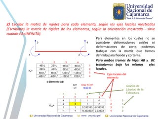 2) Escribir la matriz de rigidez para cada elemento, según los ejes locales mostrados
(Escribimos la matriz de rigidez de los elementos, según la orientación mostrada - sirve
cuando EA=INFINITA).
Para elementos en los cuales no se
considere deformaciones axiales ni
deformaciones de corte, podemos
trabajar con la matriz que hemos
definido para flexión y cortante.
Para ambos tramos de Viga: AB y BC
trabajamos bajo los mismos ejes
locales.
 