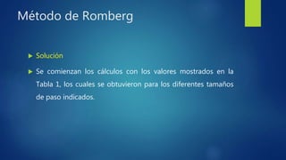 Método de Romberg
 Solución
 Se comienzan los cálculos con los valores mostrados en la
Tabla 1, los cuales se obtuvieron para los diferentes tamaños
de paso indicados.
 