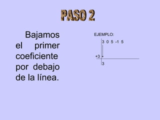 Bajamos el primer coeficiente por debajo de la línea. PASO 2 EJEMPLO: 3  0  5  -1  5  +3 3 