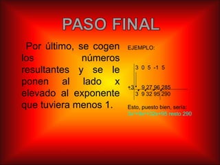 Por último, se cogen los números resultantes y se le ponen al lado x elevado al exponente que tuviera menos 1. EJEMPLO: 3  0  5  -1  5 +3  9 27 96 285 3  9 32 95 290 Esto, puesto bien, sería: 3x 3 +9x 2 +32x+95 resto 290 