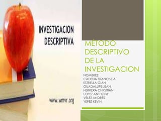 MÉTODO
DESCRIPTIVO
DE LA
INVESTIGACION
NOMBRES:
CADENA FRANCISCA
ESTRELLA GIAN
GUADALUPE JEAN
HERRERA CHRSITIAN
LOPEZ ANTHONY
VELEZ ANDRES
YEPEZ KEVIN
 