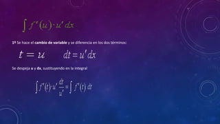 1º Se hace el cambio de variable y se diferencia en los dos términos:
Se despeja u y dx, sustituyendo en la integral