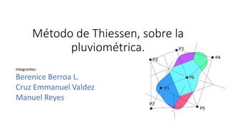 Método de Thiessen, sobre la
pluviométrica.
Berenice Berroa L.
Cruz Emmanuel Valdez
Manuel Reyes
Integrantes:
 