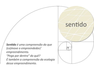 senHdo	
  
SenHdo	
  é	
  uma	
  compreensão	
  do	
  que	
  
(co)move	
  o	
  empreendedor/
empreendimento.	
  	
  
“Pega	
  por	
  dentro”	
  do	
  quê?	
  	
  
É	
  também	
  a	
  compreensão	
  da	
  ecologia	
  
desse	
  empreendimento.	
  	
  
 