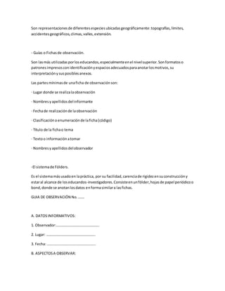 Son representacionesde diferentesespeciesubicadasgeográficamente:topografías,límites,
accidentesgeográficos,climas,valles,extensión.
- Guías o Fichasde observación.
Son lasmás utilizadasporloseducandos,especialmenteenel nivelsuperior.Sonformatoso
patronesimpresosconidentificaciónyespaciosadecuadosparaanotarlosmotivos,su
interpretaciónysusposiblesanexos.
Las partesmínimasde unaficha de observaciónson:
· Lugar donde se realizalaobservación
· Nombresyapellidosdelinformante
· Fechade realizaciónde laobservación
· Clasificaciónoenumeraciónde laficha(código)
· Título de la fichao tema
· Textoo informaciónatomar
· Nombresyapellidosdelobservador
-El sistemade Fólders.
Es el sistemamásusadoen lapráctica, por su facilidad,carenciade rigidezensuconstruccióny
estaral alcance de loseducandos-investigadores.Consisteenunfólder,hojasde papel periódicoo
bond,donde se anotanlosdatos enformasimilara lasfichas.
GUIA DE OBSERVACIÓN No.…….
A. DATOSINFORMATIVOS:
1. Observador:………………………………………..
2. Lugar: ……………………………………………..
3. Fecha: ……………………………………………..
B. ASPECTOSA OBSERVAR:
 