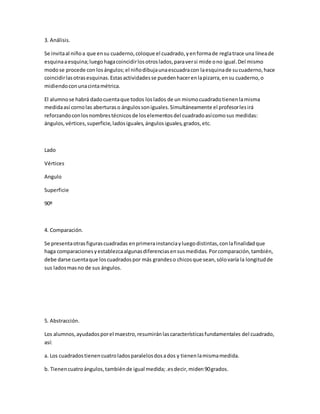 3. Análisis.
Se invitaal niñoa que ensu cuaderno,coloque el cuadrado,yenformade reglatrace una líneade
esquinaaesquina;luegohagacoincidirlosotroslados,paraversi mide ono igual.Del mismo
modose procede con losángulos;el niñodibujaunaescuadracon laesquinade sucuaderno,hace
coincidirlasotrasesquinas.Estasactividadesse puedenhacerenlapizarra,ensu cuaderno,o
midiendoconunacintamétrica.
El alumnose habrá dadocuentaque todos loslados de un mismocuadradotienenlamisma
medidaasí cornolas aberturaso ángulossoniguales.Simultáneamente el profesorlesirá
reforzandoconlosnombrestécnicosde loselementosdel cuadradoasícomosus medidas:
ángulos,vértices,superficie,ladosiguales,ángulosiguales,grados,etc.
Lado
Vértices
Angulo
Superficie
90º
4. Comparación.
Se presentaotrasfigurascuadradas enprimerainstanciayluegodistintas,conlafinalidadque
haga comparacionesyestablezcaalgunasdiferenciasensusmedidas. Porcomparación,también,
debe darse cuentaque loscuadradospor más grandeso chicosque sean,sólovaría la longitudde
sus ladosmasno de sus ángulos.
5. Abstracción.
Los alumnos,ayudadosporel maestro,resumiránlascaracterísticasfundamentales del cuadrado,
así:
a. Los cuadradostienencuatroladosparalelosdosados y tienenlamismamedida.
b. Tienencuatroángulos,tambiénde igual medida;.esdecir,miden90grados.
 