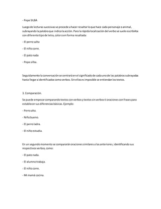 - Pepe SILBA
Luegode lecturas sucesivasse procede ahacer resaltarloque hace cada personaje oanimal,
subrayandolapalabraque indicalaacción.Para la rápidalocalizacióndel verbose suele escribirlos
con diferentetipode letra,coloroenforma resaltada:
- El perrosalta
- El niñocorre.
- El patonada
- Pepe silba.
Seguidamente laconversaciónse centraráenel significadode cadaunode las palabrassubrayadas
hasta llegaraidentificadoscomoverbos.Sinellosesimposible se entiendanlostextos.
3. Comparación.
Se puede empezarcomparandotextosconverbosytextossinverbosti oracionesconfrasespara
establecersusdiferenciasbásicas.Ejemplo:
- Perroalto.
- Niñobueno.
- El perroladra.
- El niñoestudia.
En un segundomomentose compararánoracionessimilaresa lasanteriores,identificandosus
respectivosverbos,como:
- El patonada.
- El alumnotrabaja.
- El niñocorre.
- Mi mamá cocina.
 