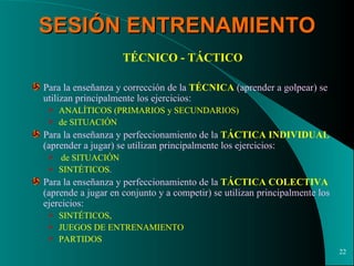 SESIÓN ENTRENAMIENTO TÉCNICO - TÁCTICO Para la enseñanza y corrección de la  TÉCNICA  (aprender a golpear) se utilizan principalmente los ejercicios: ANALÍTICOS (PRIMARIOS y SECUNDARIOS) de SITUACIÓN Para la enseñanza y perfeccionamiento de la  TÁCTICA INDIVIDUAL  (aprender a jugar) se utilizan principalmente los ejercicios: de SITUACIÓN SINTÉTICOS . Para la enseñanza y perfeccionamiento de la  TÁCTICA   COLECTIVA  (aprende a jugar en conjunto y a competir) se utilizan principalmente los  ejercicios: SINTÉTICOS,  JUEGOS DE ENTRENAMIENTO PARTIDOS 
