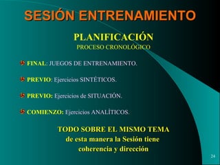 SESIÓN ENTRENAMIENTO PLANIFICACIÓN PROCESO CRONOLÓGICO FINAL : JUEGOS DE ENTRENAMIENTO. PREVIO : Ejercicios SINTÉTICOS. PREVIO:  Ejercicios de SITUACIÓN. COMIENZO:  Ejercicios ANALÍTICOS. TODO SOBRE EL MISMO TEMA de esta manera la Sesión tiene  coherencia y dirección 