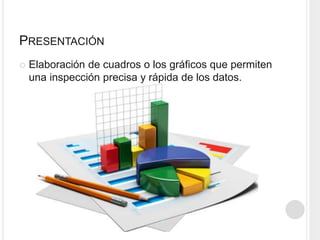 PRESENTACIÓN
Elaboración de cuadros o los gráficos que permiten
una inspección precisa y rápida de los datos.