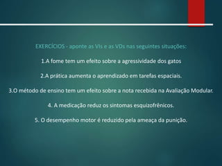 EXERCÍCIOS - aponte as VIs e as VDs nas seguintes situações:
1.A fome tem um efeito sobre a agressividade dos gatos
2.A prática aumenta o aprendizado em tarefas espaciais.
3.O método de ensino tem um efeito sobre a nota recebida na Avaliação Modular.
4. A medicação reduz os sintomas esquizofrênicos.
5. O desempenho motor é reduzido pela ameaça da punição.
 