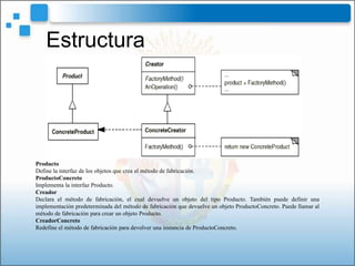 Estructura




Producto
Define la interfaz de los objetos que crea el método de fabricación.
ProductoConcreto
Implementa la interfaz Producto.
Creador
Declara el método de fabricación, el cual devuelve un objeto del tipo Producto. También puede definir una
implementación predeterminada del método de fabricación que devuelve un objeto ProductoConcreto. Puede llamar al
método de fabricación para crear un objeto Producto.
CreadorConcreto
Redefine el método de fabricación para devolver una instancia de ProductoConcreto.
 