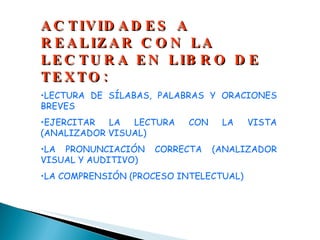ACTIVIDADES A REALIZAR CON LA LECTURA EN LIBRO DE TEXTO: LECTURA DE SÍLABAS, PALABRAS Y ORACIONES BREVES EJERCITAR LA LECTURA CON LA VISTA (ANALIZADOR VISUAL) LA PRONUNCIACIÓN CORRECTA (ANALIZADOR VISUAL Y AUDITIVO) LA COMPRENSIÓN (PROCESO INTELECTUAL) 