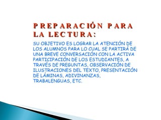 PREPARACIÓN PARA LA LECTURA: SU OBJETIVO ES LOGRAR LA ATENCIÓN DE LOS ALUMNOS PARA LO CUAL SE PARTIRÁ DE UNA BREVE CONVERSACIÓN CON LA ACTIVA PARTICIPACIÓN DE LOS ESTUDIANTES, A TRAVÉS DE PREGUNTAS, OBSERVACIÓN DE ILUSTRACIONES DEL TEXTO, PRESENTACIÓN DE LÁMINAS, ADIVINANZAS, TRABALENGUAS, ETC. 