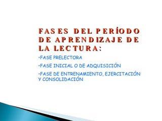 FASES DEL PERÍODO DE APRENDIZAJE DE LA LECTURA: FASE PRELECTORA FASE INICIAL O DE ADQUISICIÓN FASE DE ENTRENAMIENTO, EJERCITACIÓN Y CONSOLIDACIÓN 