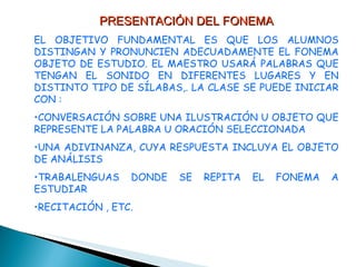 PRESENTACIÓN DEL FONEMA EL OBJETIVO FUNDAMENTAL ES QUE LOS ALUMNOS DISTINGAN Y PRONUNCIEN ADECUADAMENTE EL FONEMA OBJETO DE ESTUDIO. EL MAESTRO USARÁ PALABRAS QUE TENGAN EL SONIDO EN DIFERENTES LUGARES Y EN DISTINTO TIPO DE SÍLABAS,. LA CLASE SE PUEDE INICIAR CON : CONVERSACIÓN SOBRE UNA ILUSTRACIÓN U OBJETO QUE REPRESENTE LA PALABRA U ORACIÓN SELECCIONADA UNA ADIVINANZA, CUYA RESPUESTA INCLUYA EL OBJETO DE ANÁLISIS TRABALENGUAS DONDE SE REPITA EL FONEMA A ESTUDIAR RECITACIÓN , ETC. 