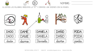 3. LEEMOS LAS PALABRAS. RODEAMOS LA “D” Y COPIAMOS. UNE DESPUÉS CON SU IMAGEN..
METODO GLOBAL, LETRA “D“ HABLA-M cortes0alba.blogspot.com.es Natalia Cortés Alba
DAÑODADO DAME DANIELA PODA
DAÑODADO DAME DANIELA PODA
dañodado dame Daniela poda
NOMBRE:D
 