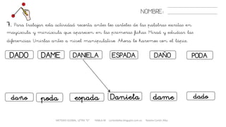 7. Para trabajar esta actividad recorta antes los carteles de las palabras escritas en
mayúscula y minúscula que aparecen en las primeras fichas. Mirad y estudiar las
diferencias. Unirlas antes a nivel manipulativo. Ahora lo haremos con el lápiz.
NOMBRE:
DADO DANIELADAME
podadaño espada
METODO GLOBAL, LETRA “D“ HABLA-M cortes0alba.blogspot.com.es Natalia Cortés Alba
ESPADA DAÑO
Daniela dado
PODA
dame
 