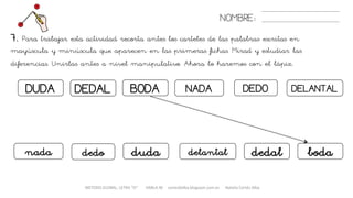 NOMBRE:
DELANTALBODADUDA DEDAL NADA DEDO
METODO GLOBAL, LETRA “D“ HABLA-M cortes0alba.blogspot.com.es Natalia Cortés Alba
7. Para trabajar esta actividad recorta antes los carteles de las palabras escritas en
mayúscula y minúscula que aparecen en las primeras fichas. Mirad y estudiar las
diferencias. Unirlas antes a nivel manipulativo. Ahora lo haremos con el lápiz.
delantal bodaduda dedalnada dedo
 