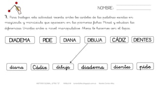 DIADEMA CÁDIZ
NOMBRE:
PIDE DIANA DIBUJA DIENTES
METODO GLOBAL, LETRA “D“ HABLA-M cortes0alba.blogspot.com.es Natalia Cortés Alba
7. Para trabajar esta actividad recorta antes los carteles de las palabras escritas en
mayúscula y minúscula que aparecen en las primeras fichas. Mirad y estudiar las
diferencias. Unirlas antes a nivel manipulativo. Ahora lo haremos con el lápiz.
diademaCádiz pidediana dibuja dientes
 