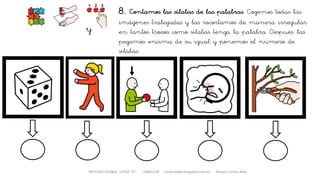 METODO GLOBAL, LETRA “D“ HABLA-M cortes0alba.blogspot.com.es Natalia Cortés Alba
8. Contamos las sílabas de las palabras. Cogemos todas las
imágenes trabajadas y las recortamos de manera irregular
en tantos trozos como sílabas tenga la palabra. Después, las
pegamos encima de su igual y ponemos el número de
sílabas.
y
 