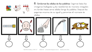 METODO GLOBAL, LETRA “D“ HABLA-M cortes0alba.blogspot.com.es Natalia Cortés Alba
8. Contamos las sílabas de las palabras. Cogemos todas las
imágenes trabajadas y las recortamos de manera irregular
en tantos trozos como sílabas tenga la palabra. Después las
pegamos encima de su igual y ponemos el número de
sílabas.
y
 