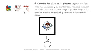 METODO GLOBAL, LETRA “D“ HABLA-M cortes0alba.blogspot.com.es Natalia Cortés Alba
8. Contamos las sílabas de las palabras. Cogemos todas las
imágenes trabajadas y las recortamos de manera irregular
en tantos trozos como sílabas tenga la palabra. Después las
pegamos encima de su igual y ponemos el número de
sílabas.
y
 