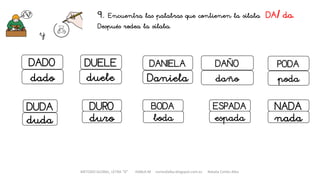 METODO GLOBAL, LETRA “D“ HABLA-M cortes0alba.blogspot.com.es Natalia Cortés Alba
9. Encuentra las palabras que contienen la sílaba DA/ da.
Después rodea la sílaba.
y
DADO
dado
PODADUELE DAÑODANIELA
Daniela daño podaduele
DUDA DURO ESPADA NADA
duda duro espada nada
BODA
boda
 