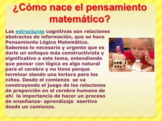 ¿Cómo nace el pensamiento matemático?Las estructuras cognitivas son relaciones abstractas de información, que se hace Pensamiento Lógico Matemático. Sabemos lo necesario y urgente que es darle un enfoque más constructivista y significativo a este tema, entendiendo que pensar con lógica es algo natural para el cerebro y no tiene porque terminar siendo una tortura para los niños. Desde el comienzo  se va construyendo el juego de las relaciones de proporción en el cerebro humano de ahí  la importancia de hacer un proceso de enseñanza- aprendizaje  asertivo desde un comienzo.
