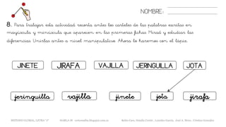 NOMBRE:
8. Para trabajar esta actividad recorta antes los carteles de las palabras escritas en
mayúscula y minúscula que aparecen en las primeras fichas. Mirad y estudiar las
diferencias. Unirlas antes a nivel manipulativo. Ahora lo haremos con el lápiz.
METODO GLOBAL, LETRA “J“ HABLA-M cortes0alba.blogspot.com.es Belén Caro, Natalia Cortés , Lourdes García, José A. Mora , Cristina González
JERINGUILLA
jeringuilla
JINETE JIRAFA
vajilla
VAJILLA
jinete jirafa
JOTA
jota
 