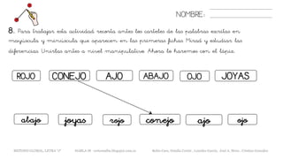 NOMBRE:
8. Para trabajar esta actividad recorta antes los carteles de las palabras escritas en
mayúscula y minúscula que aparecen en las primeras fichas. Mirad y estudiar las
diferencias. Unirlas antes a nivel manipulativo. Ahora lo haremos con el lápiz.
METODO GLOBAL, LETRA “J“ HABLA-M cortes0alba.blogspot.com.es Belén Caro, Natalia Cortés , Lourdes García, José A. Mora , Cristina González
AJO OJO JOYAS
ajo ojojoyas
ROJO CONEJO ABAJO
rojo conejoabajo
 