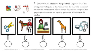 9. Contamos las sílabas de las palabras. Cogemos todas las
imágenes trabajadas y las recortamos de manera irregular
en tantos trozos como sílabas tenga la palabra. Después, las
pegamos encima de su igual y ponemos el número de
sílabas.
y
METODO GLOBAL, LETRA “J“ HABLA-M cortes0alba.blogspot.com.es Belén Caro, Natalia Cortés , Lourdes García , José A. Mora , Cristina González
 
