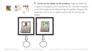 9. Contamos las sílabas de las palabras. Cogemos todas las
imágenes trabajadas y las recortamos de manera irregular
en tantos trozos como sílabas tenga la palabra. Después las
pegamos encima de su igual y ponemos el número de
sílabas.
y
METODO GLOBAL, LETRA “J“ HABLA-M cortes0alba.blogspot.com.es Belén Caro, Natalia Cortés , Lourdes García , José A. Mora , Cristina González
 