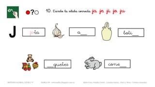 10. Escribe la sílaba correcta. ja, je, ji, jo, ju
jota a__
METODO GLOBAL, LETRA “J“ HABLA-M cortes0alba.blogspot.com.es Belén Caro, Natalia Cortés , Lourdes García , José A. Mora , Cristina González
boti__
__guetes cone__
 