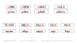 JARRA
jarra
JAULAJABALÍ
HOJAABEJA
JABÓN
TEJADO AGUJA COJA
jabalíjabón cabaña
hojaabejatejado aguja coja
METODO GLOBAL, LETRA “J“ HABLA-M cortes0alba.blogspot.com.es Belén Caro, Natalia Cortés , Lourdes García , José A. Mora , Cristina González
 