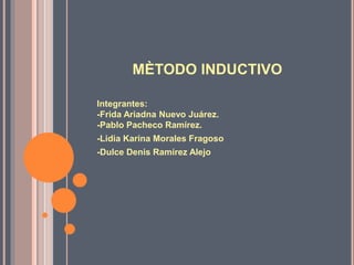 MÈTODO INDUCTIVO
Integrantes:
-Frida Ariadna Nuevo Juárez.
-Pablo Pacheco Ramírez.
-Lidia Karina Morales Fragoso
-Dulce Denis Ramírez Alejo
 