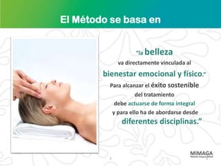 El Método se basa en


                   “la belleza
             va directamente vinculada al
        bienestar emocional y físico.”
          Para alcanzar el éxito sostenible
                    del tratamiento
            debe actuarse de forma integral
           y para ello ha de abordarse desde
              diferentes disciplinas.”



         3                                     3
 