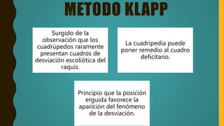 METODO KLAPP
Surgido de la
observación que los
cuadrúpedos raramente
presentan cuadros de
desviación escoliótica del
raquis.
La cuadripedia puede
poner remedio al cuadro
deficitario.
Principio que la posición
erguida favorece la
aparición del fenómeno
de la desviación.
 