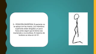 6.- POSICIÓN INVERTIDA: El paciente no
se apoya con las manos. Los miembros
superiores están dirigidos un poco
hacia atrás según que el dorso sea
mantenido o no encifosis. El máximo de
lordosis se sitúa en L4-S1.
 