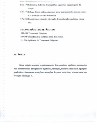 .&..1.VJ.-.1.V-' .&.•..•.••..•.'-''-4 •..•." ••..•" - •...•._ .•..•....,•.-1'-- -- 0--------
Il66-170 Estimativa da forma de um gráfico a partir da equação geral da
função.
1171-175 Esboço de um gráfico, depois de achar as intersecções com os eixos x
e y, o vértice e o eixo de simetria.
Il76-180 Exercícios envolvendo interseção de uma função quadrática e uma
reta.
1181-200 TRIÂNGULO RETÂNGULO
I 181-188 Teorema de Pitágoras
1189-190 Descobrindo a Distância entre dois pontos.
1191-200 Aplicação do Teorema de Pitágoras.
ESTÁGIOJ
Neste estágio acontece o aprimoramento dos conteúdos algébricos necessários
para a compreensão de expressões algébricas, fatoração, números irracionais, equações
quadráticas, sistemas de equações e equações de graus mais altos, visando uma boa
evolução no estágio K.
 
