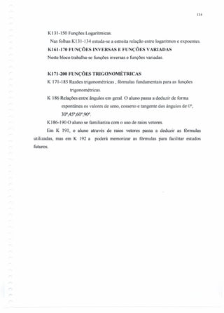 134
K 131-150 Funções Logarítmicas.
Nas folhas K 131- 134 estuda-se a estreita relação entre logaritmos e expoentes.
K161-170 FUNÇÕES INVERSAS E FUNÇÕES VARIADAS
Neste bloco trabalha-se funções inversas e funções variadas.
K171-200 FUNÇÕES TRIGONOMÉTRICAS
K 171-185 Razões trigonométricas , fórmulas fundamentais para as funções
trigonométricas.
K 186 Relações entre ângulos em geral. O aluno passa a deduzir de forma
espontânea os valores de seno, cosseno e tangente dos ângulos de 0°,
30°,45°,60°,90°.
K186-190 O aluno se familiariza com o uso de raios vetores.
Em K 191, o aluno através de raios vetores passa a deduzir as fórmulas
utilizadas, mas em K 192 a poderá memorizar as fórmulas para facilitar estudos
futuros.
 
